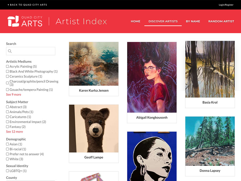 Screenshot of an artist index website.