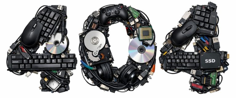 Digital technology and hardware components arranged to spell "404" representing a website error, emphasizing IT support and technical services.
