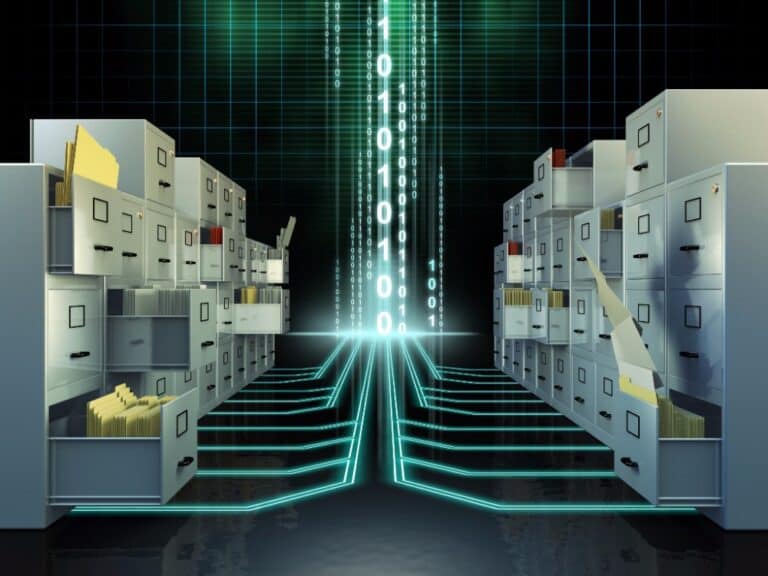 Digital data center with server racks and binary code representing IT and network storage solutions for businesses.