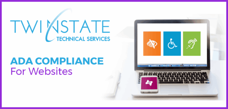 Accessible web design for ADA compliance over websites featuring assistive technology icons and Twin State Technical Services branding.