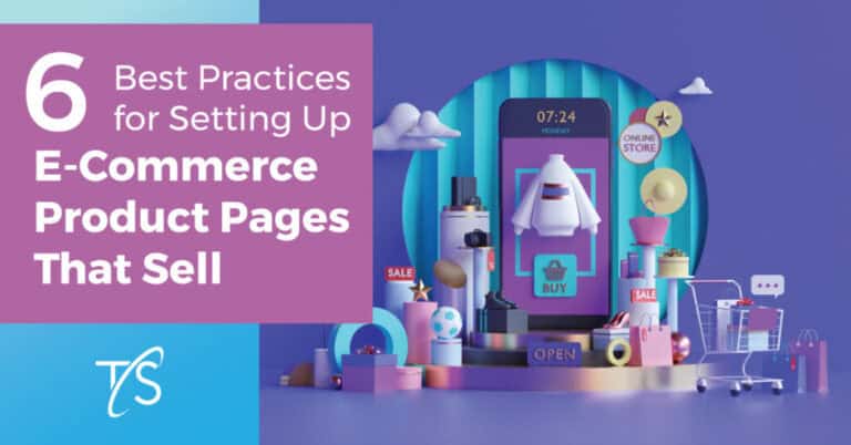 Bright e-commerce product page with mobile shopping app and sales graphics for online store marketing.