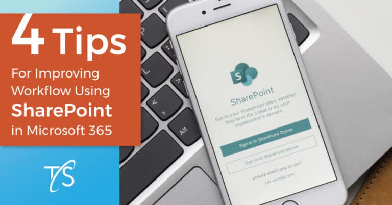 SharePoint mobile app on smartphone screen with Microsoft 365 logo, used for collaboration and document sharing, on a laptop keyboard for enterprise cloud solutions.