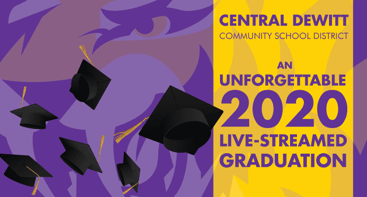 Graduation caps celebrating Central DeWitt Community School District 2020 virtual graduation event.