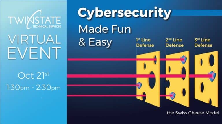 Cybersecurity virtual event by Twin State Technical Services focusing on network defense, data protection, and cybersecurity solutions.