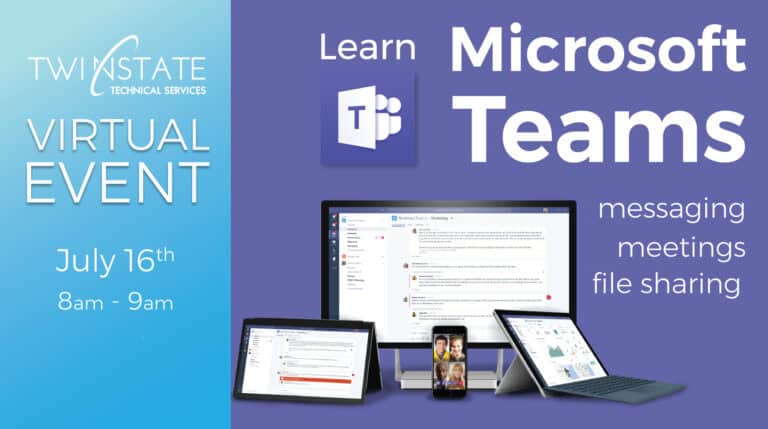 High-quality IT services provider promoting Microsoft Teams training, virtual events, remote collaboration, file sharing, messaging, meetings, and tech support for businesses.