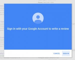Step 3 in Posting a Google Review: If not logged in it will prompt you to do so