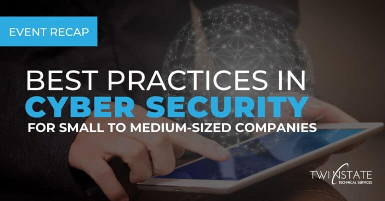 High-tech digital security illustration with connected globe, cyber security concept, emphasis on small to medium-sized business protection, Twin State Technical Services professional cybersecurity solutions.