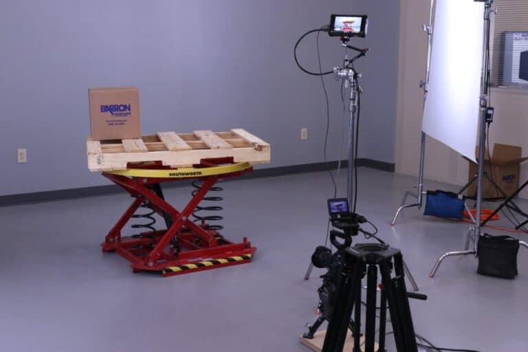 Video production equipment setup for industrial safety demonstration at Twin State Technical Services.