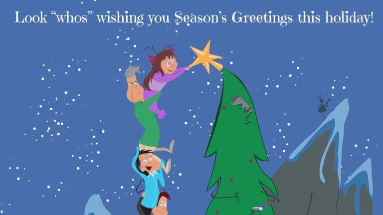 Festive holiday graphic featuring children decorating a Christmas tree with snow and mountain backdrop, perfect for winter holiday greetings and seasonal celebrations.
