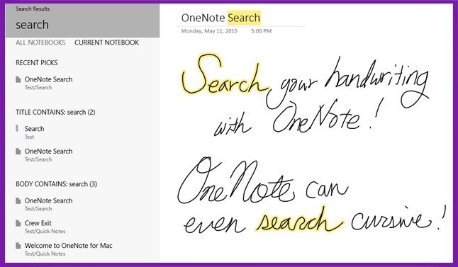 Screenshot of OneNote Search