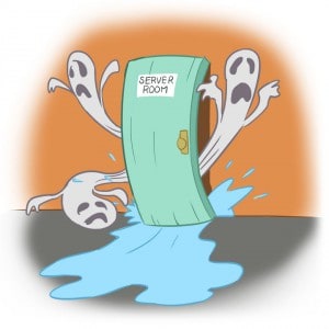 Flooded server room caused by water leak at Twin State Technical Services.