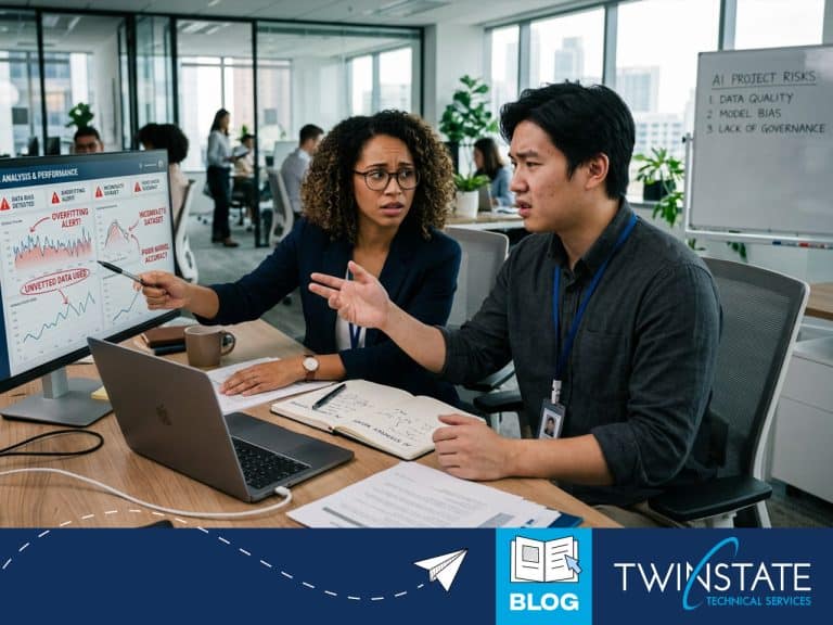 Two professionals discussing AI project risks in a modern office, highlighting data quality, model bias, and governance issues.