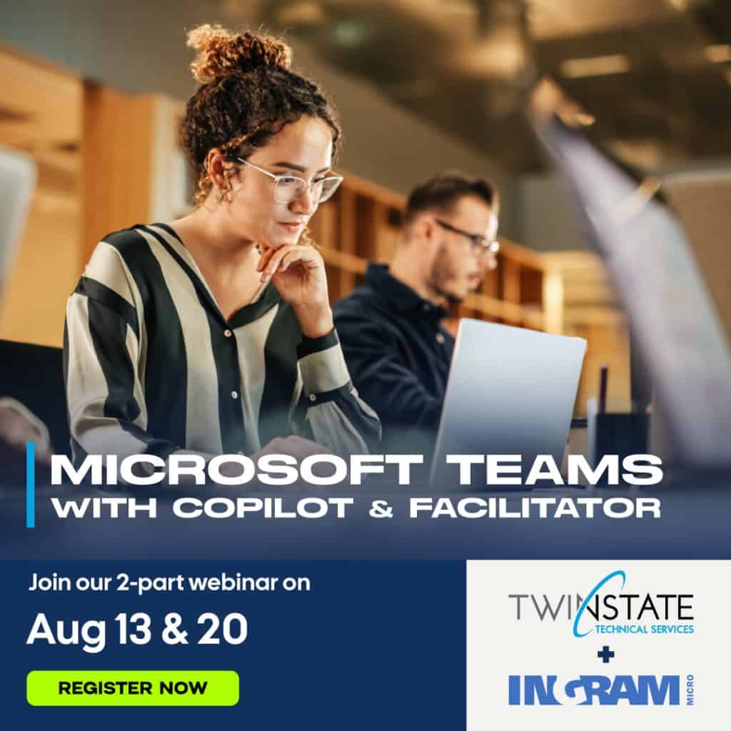 Microsoft Teams Webinar Promotion Image People attending a webinar on Microsoft Teams with Copilot and Facilitator, promoting Twin State Technical Services in the Quad Cities area.