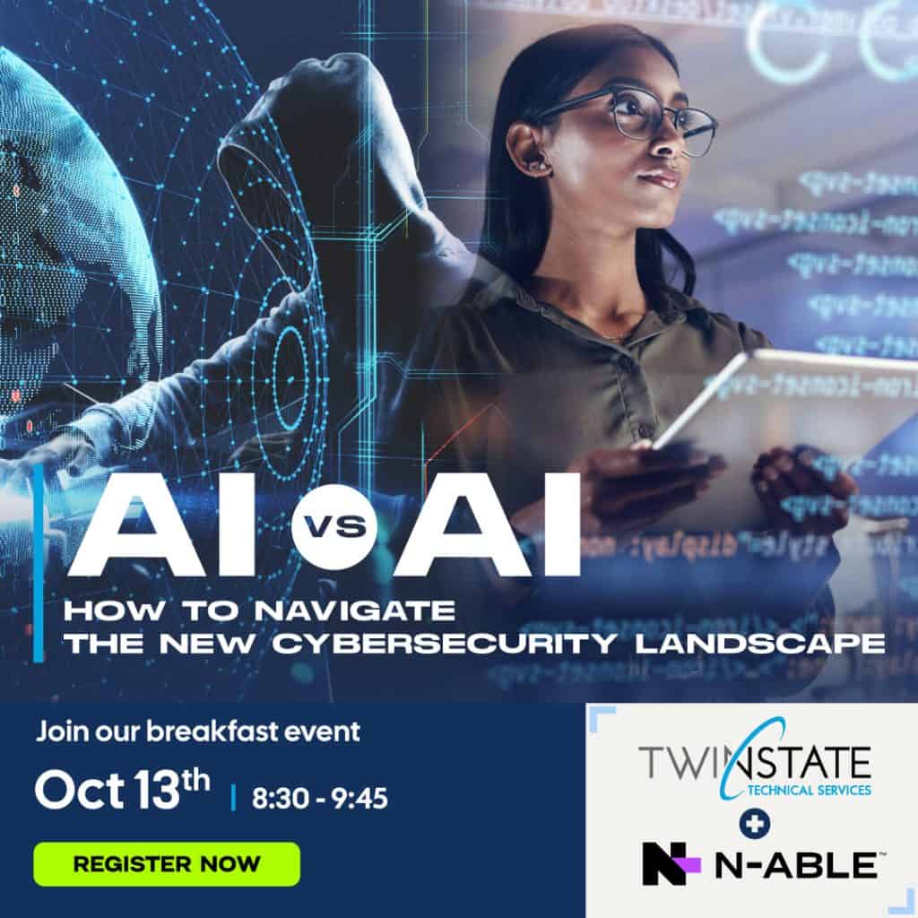 Webinar-Graphic Cybersecurity webinar on AI vs AI with a woman analyzing digital data and futuristic graphics for Twin State Technical Services.